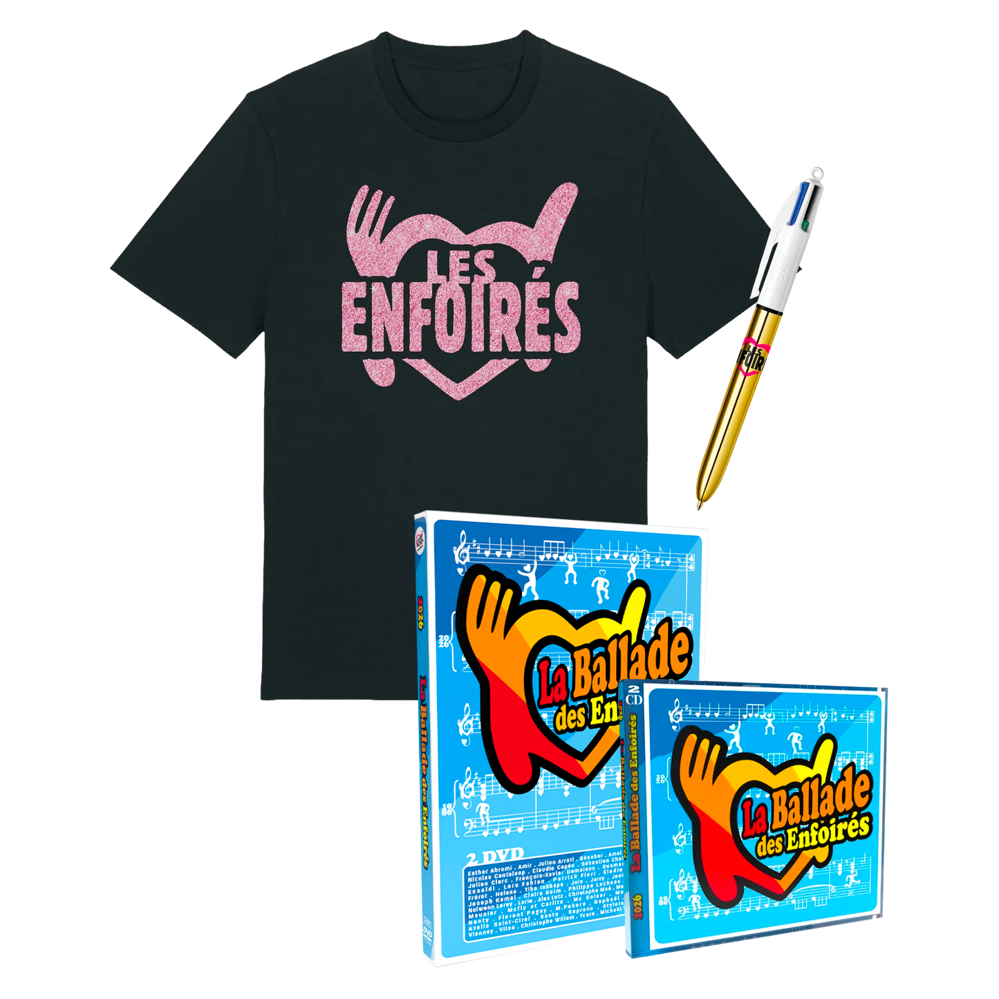 Superpack T-shirt + DOUBLE CD et DVD « 2026, La ballade des Enfoirés » + Stylo Bic